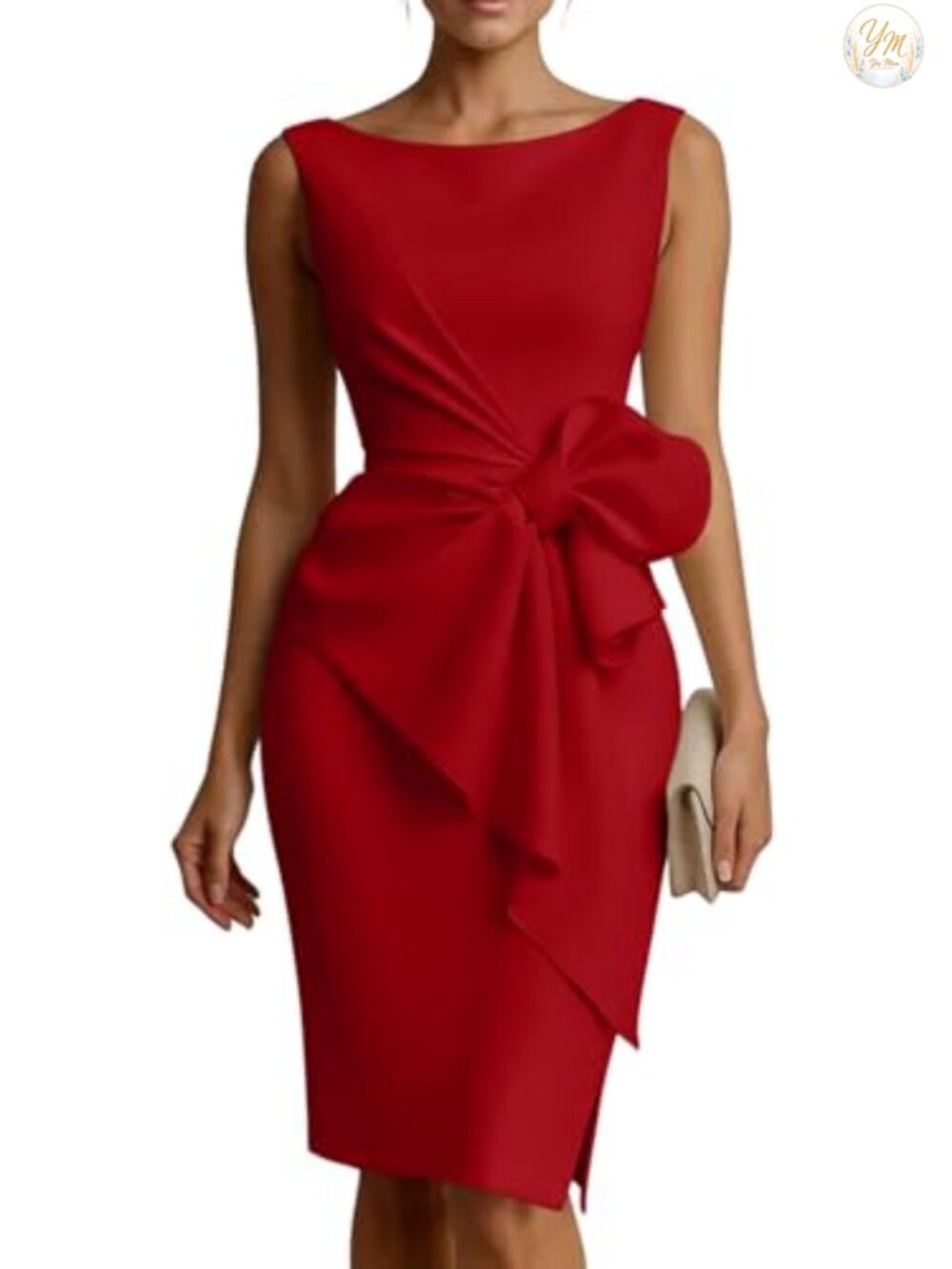 Sleeveless Boat Neck Ruched Waist Pencil Midi Dress Bow Detail - Picture 1 of 6
